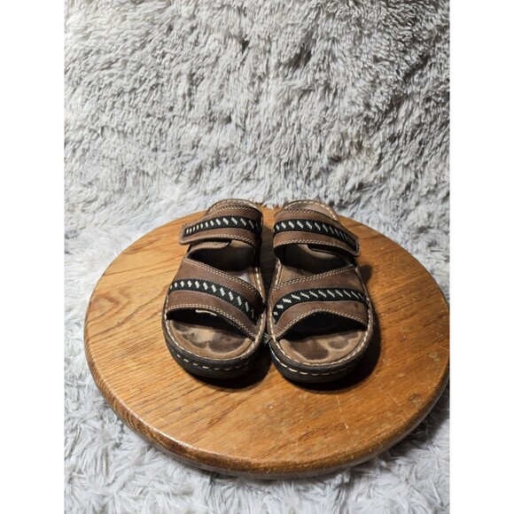 Minnetonka Womens Size 7 Brown Strappy Slip-on Leather Sandal Suede Footbed - Picture 1 of 8